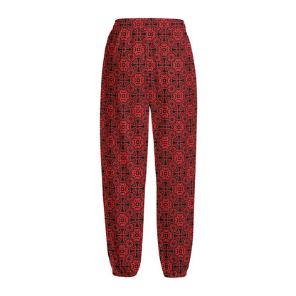 Black And Red Chinese Pattern Print Fleece Lined Knit Pants