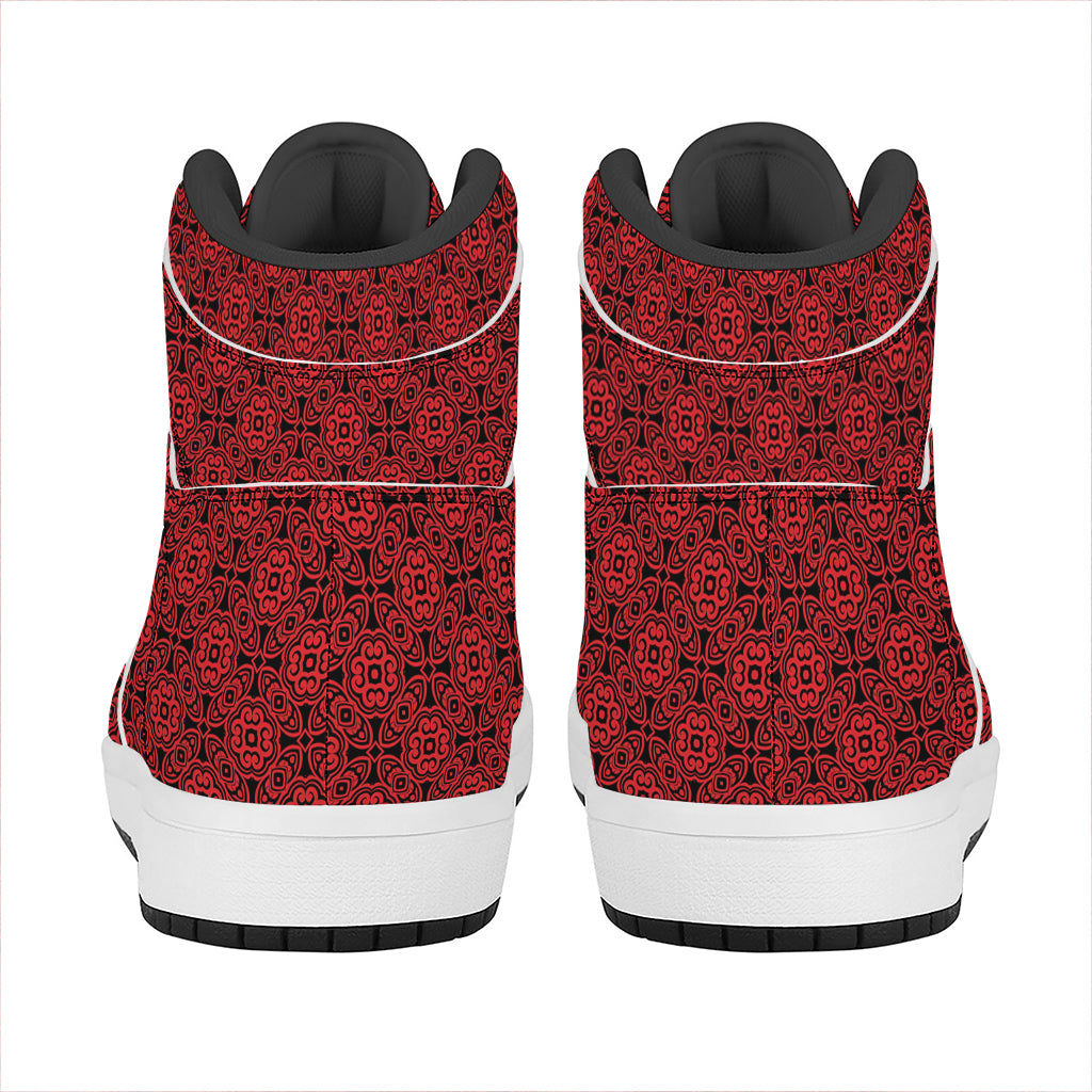 Black And Red Chinese Pattern Print High Top Leather Sneakers