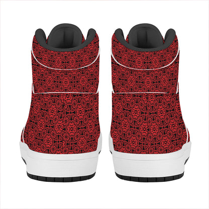 Black And Red Chinese Pattern Print High Top Leather Sneakers