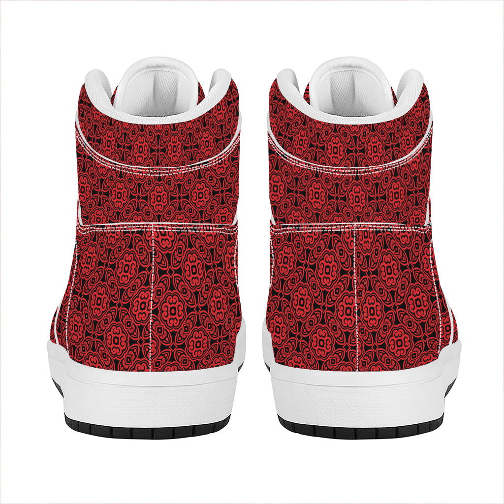 Black And Red Chinese Pattern Print High Top Leather Sneakers