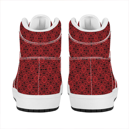 Black And Red Chinese Pattern Print High Top Leather Sneakers