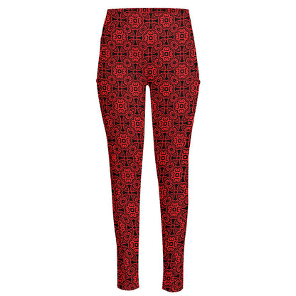 Black And Red Chinese Pattern Print High-Waisted Pocket Leggings