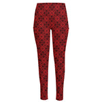 Black And Red Chinese Pattern Print High-Waisted Pocket Leggings
