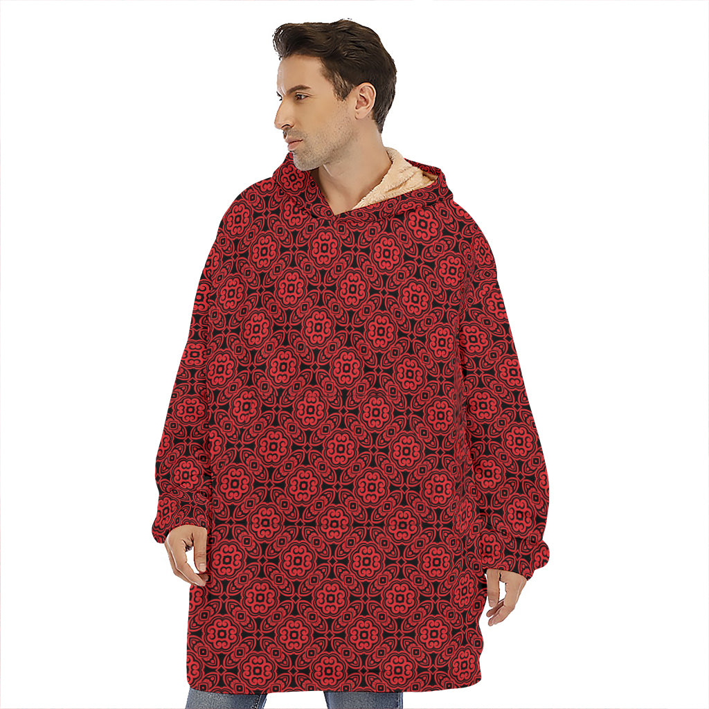 Black And Red Chinese Pattern Print Hoodie Blanket