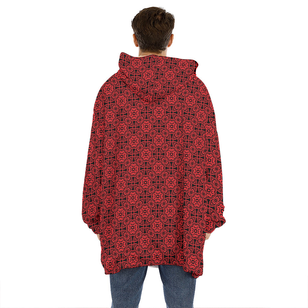 Black And Red Chinese Pattern Print Hoodie Blanket