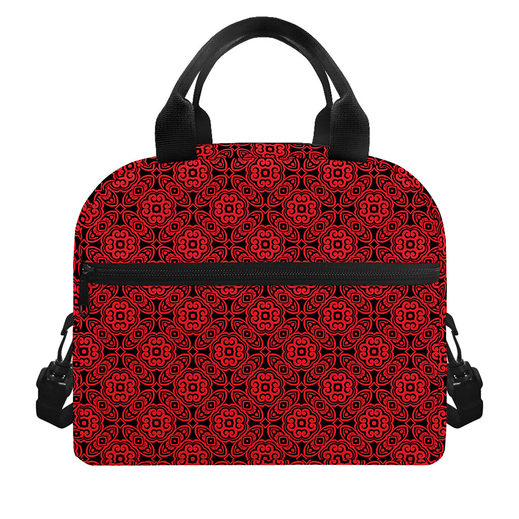 Black And Red Chinese Pattern Print Insulated Lunch Bag
