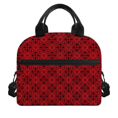 Black And Red Chinese Pattern Print Insulated Lunch Bag