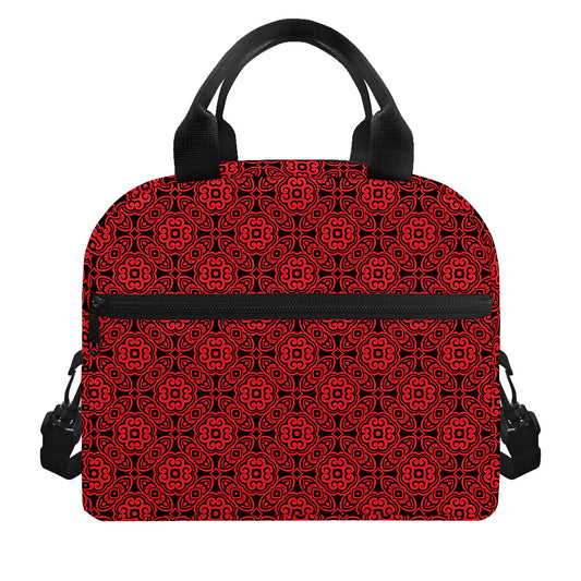 Black And Red Chinese Pattern Print Insulated Lunch Bag