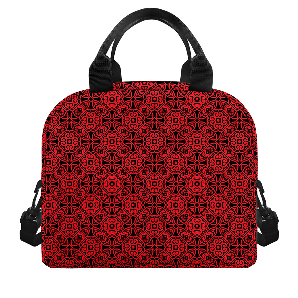 Black And Red Chinese Pattern Print Insulated Lunch Bag
