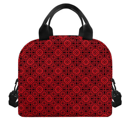 Black And Red Chinese Pattern Print Insulated Lunch Bag