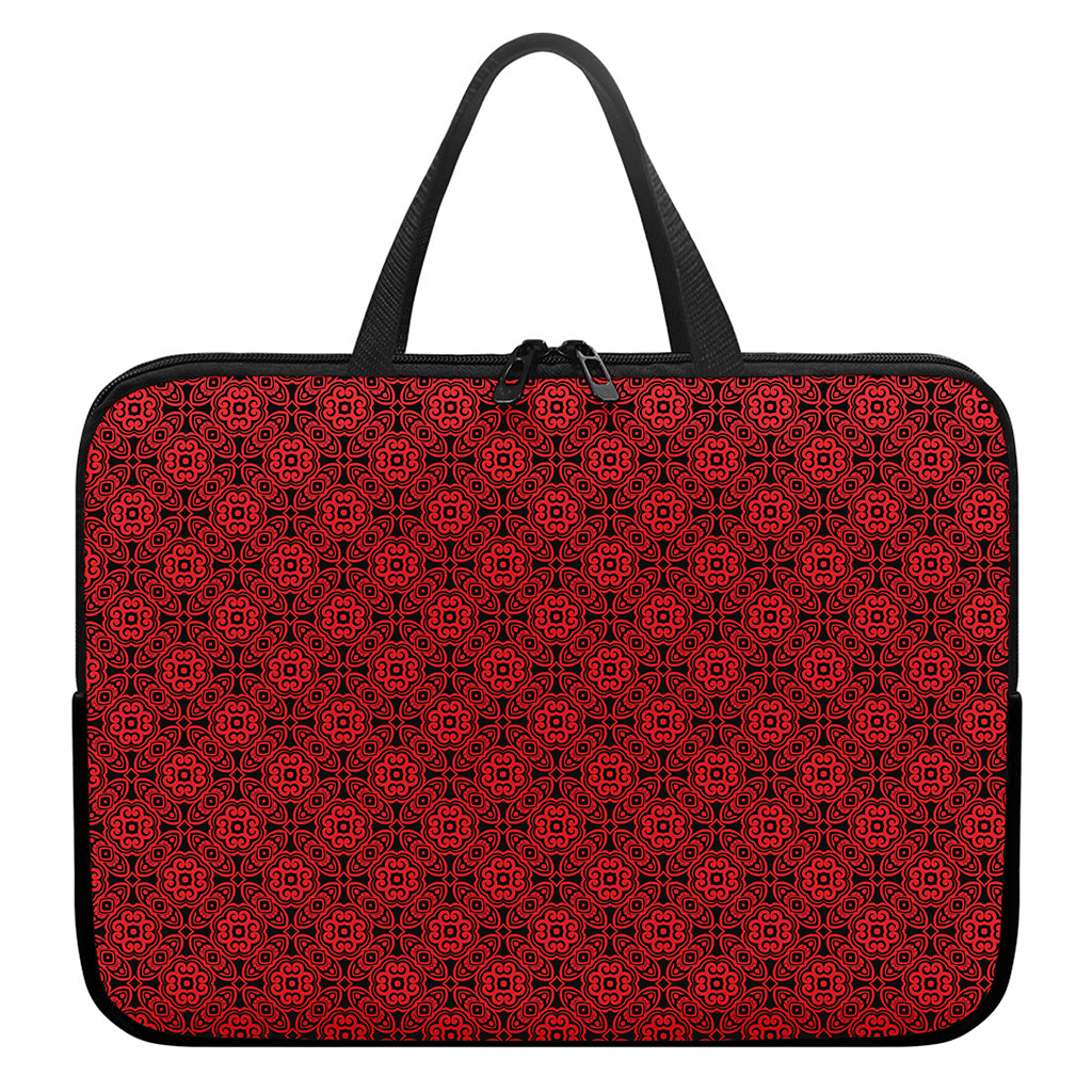 Black And Red Chinese Pattern Print Laptop Sleeve With Handle