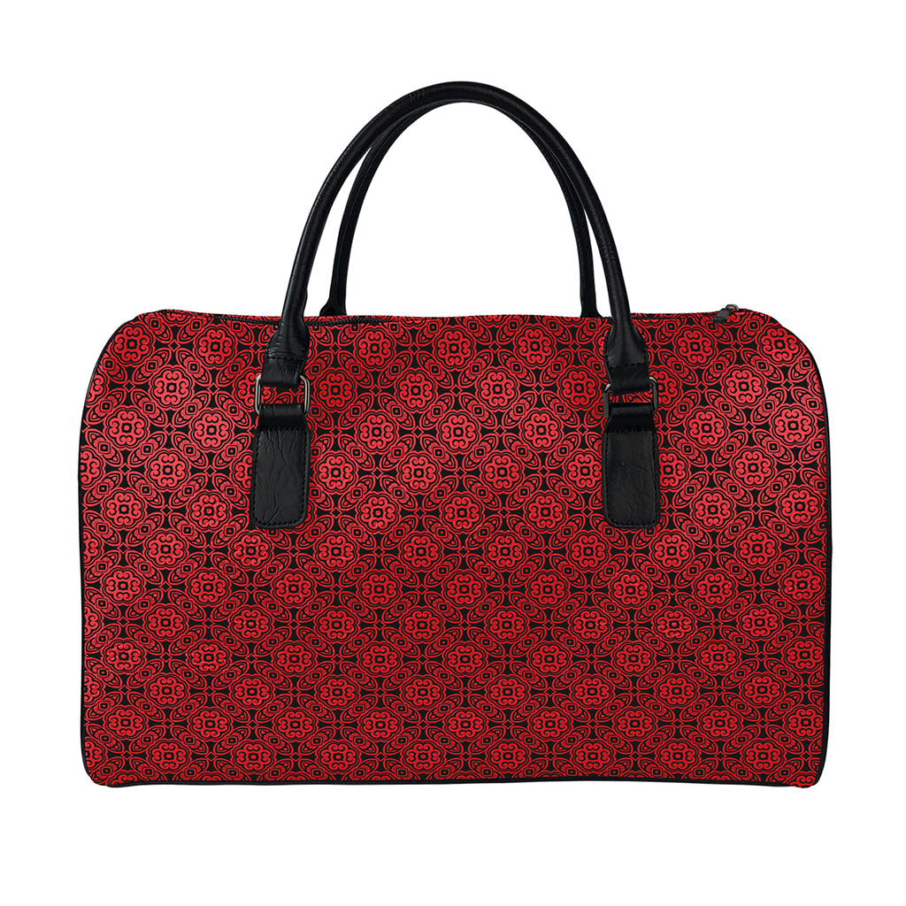 Black And Red Chinese Pattern Print Leather Duffle Bag