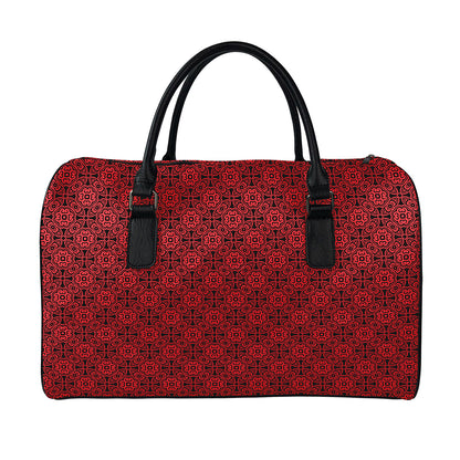 Black And Red Chinese Pattern Print Leather Duffle Bag
