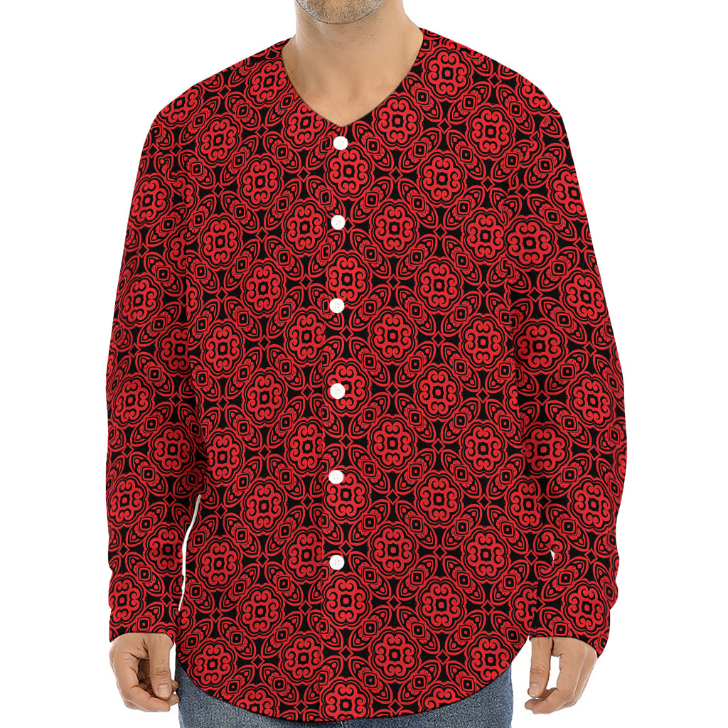 Black And Red Chinese Pattern Print Long Sleeve Baseball Jersey