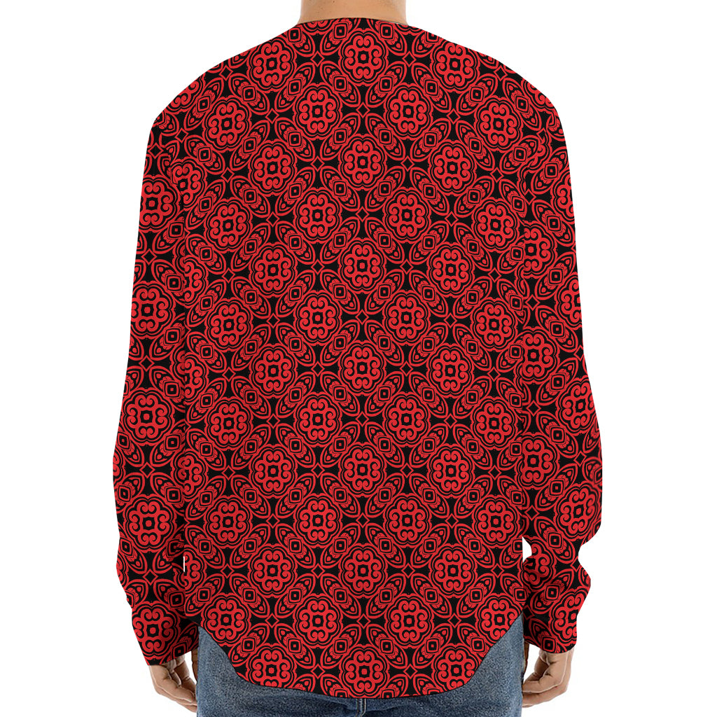 Black And Red Chinese Pattern Print Long Sleeve Baseball Jersey