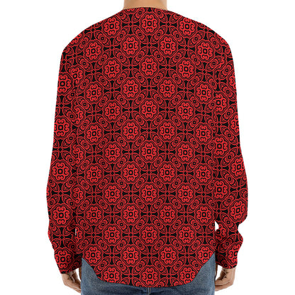 Black And Red Chinese Pattern Print Long Sleeve Baseball Jersey