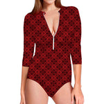 Black And Red Chinese Pattern Print Long Sleeve Swimsuit