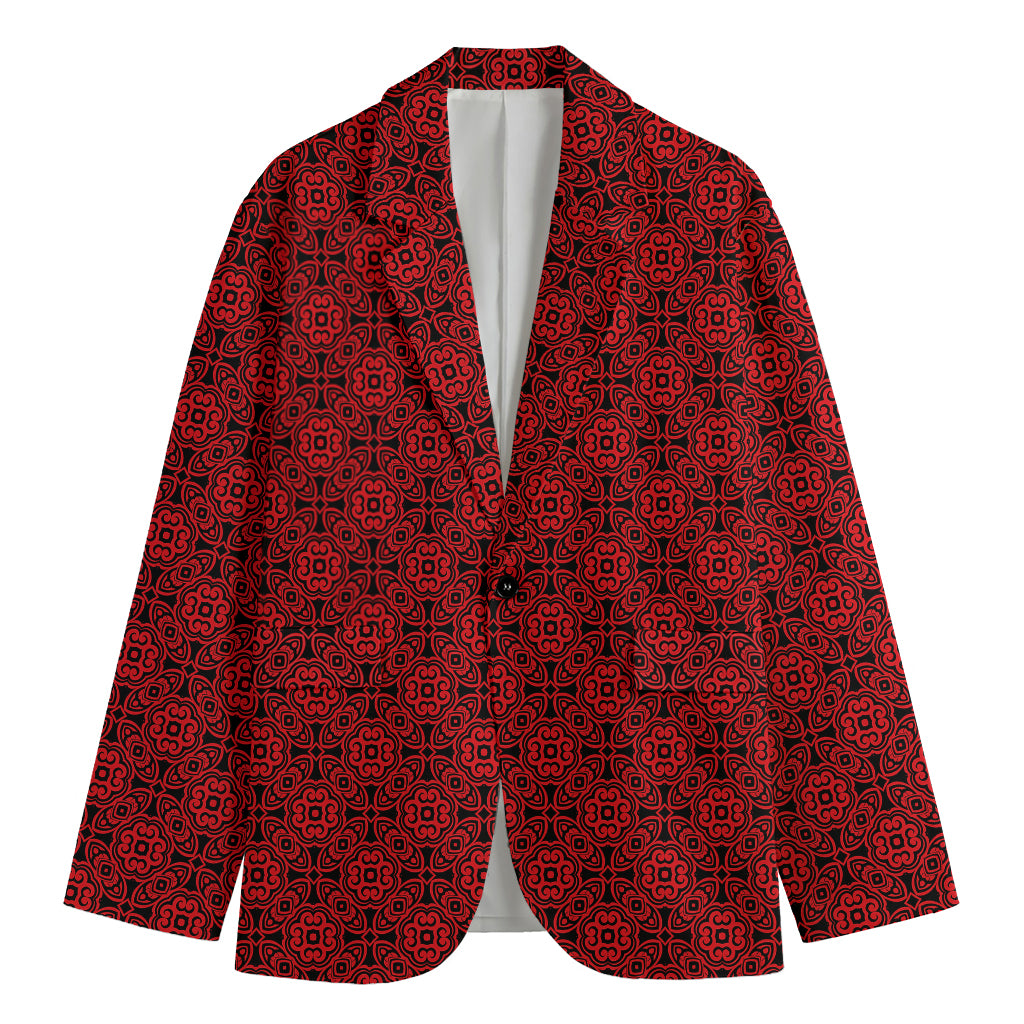 Black And Red Chinese Pattern Print Men's Blazer