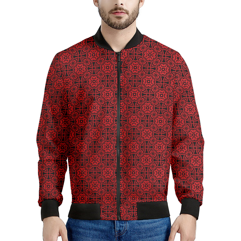 Black And Red Chinese Pattern Print Men's Bomber Jacket
