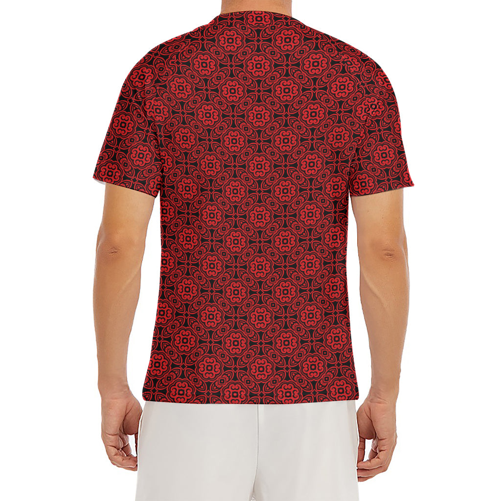 Black And Red Chinese Pattern Print Men's Short Sleeve Rash Guard