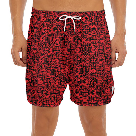 Black And Red Chinese Pattern Print Men's Split Running Shorts