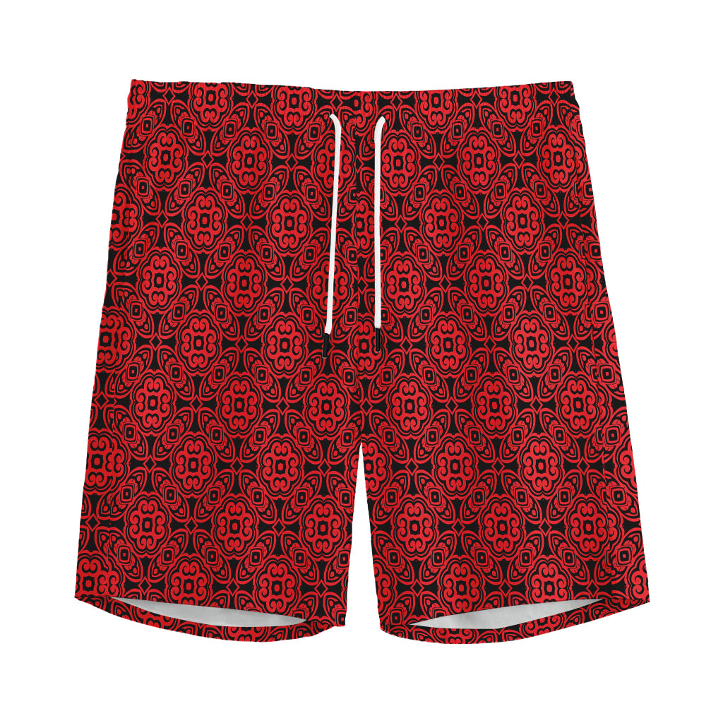 Black And Red Chinese Pattern Print Men's Sports Shorts