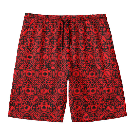 Black And Red Chinese Pattern Print Men's Swim Trunks