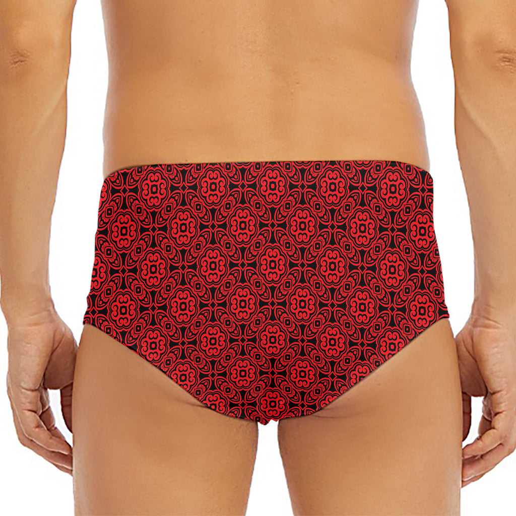 Black And Red Chinese Pattern Print Men's Triangle Swim Briefs