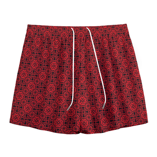 Black And Red Chinese Pattern Print Mesh Shorts