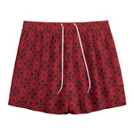 Black And Red Chinese Pattern Print Mesh Shorts