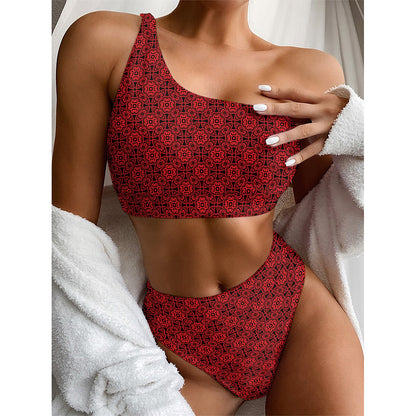 Black And Red Chinese Pattern Print One Shoulder Bikini Top