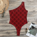 Black And Red Chinese Pattern Print One Shoulder Bodysuit