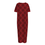 Black And Red Chinese Pattern Print Short Sleeve Long Nightdress