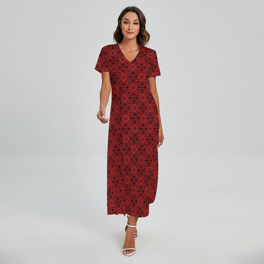 Black And Red Chinese Pattern Print Short Sleeve Maxi Dress
