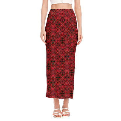 Black And Red Chinese Pattern Print Side Slit Maxi Skirt