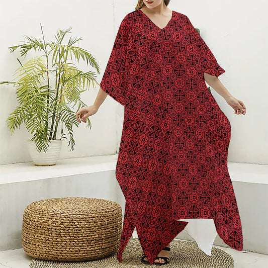 Black And Red Chinese Pattern Print Silk V-Neck Kaftan Dress