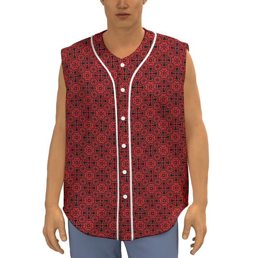 Black And Red Chinese Pattern Print Sleeveless Baseball Jersey