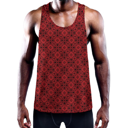 Black And Red Chinese Pattern Print Training Tank Top