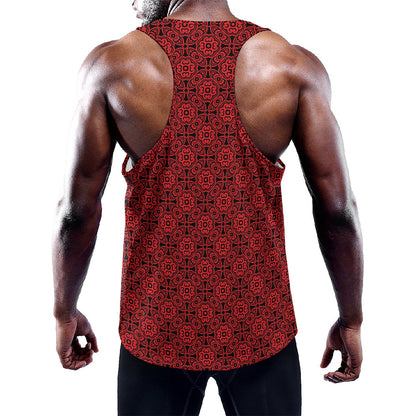 Black And Red Chinese Pattern Print Training Tank Top