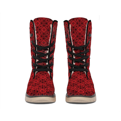 Black And Red Chinese Pattern Print Winter Boots