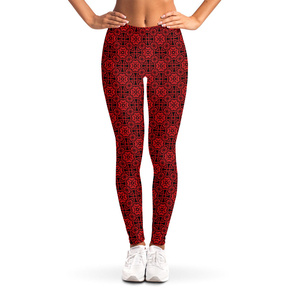 Black And Red Chinese Pattern Print Women's Leggings