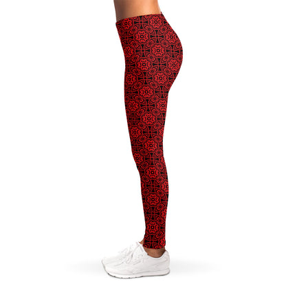 Black And Red Chinese Pattern Print Women's Leggings