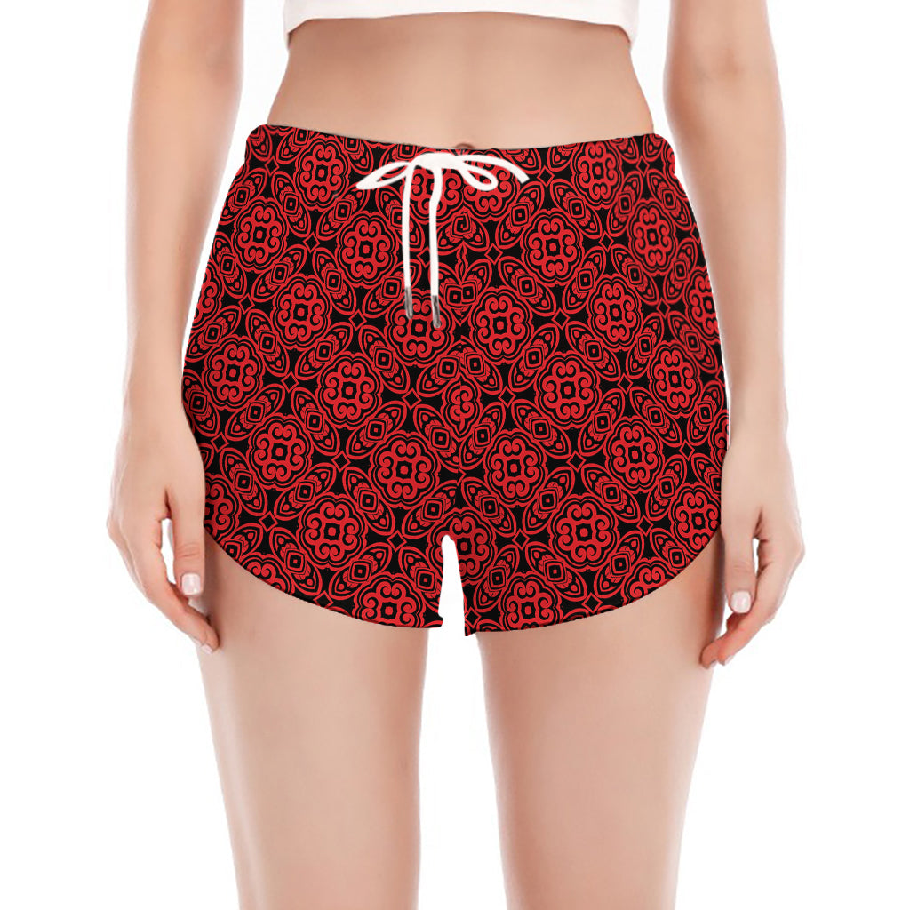 Black And Red Chinese Pattern Print Women's Split Running Shorts