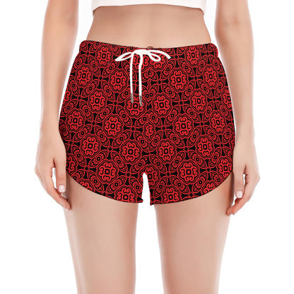 Black And Red Chinese Pattern Print Women's Split Running Shorts