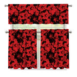 Black And Red Hibiscus Pattern Print 3 Piece Kitchen Curtains