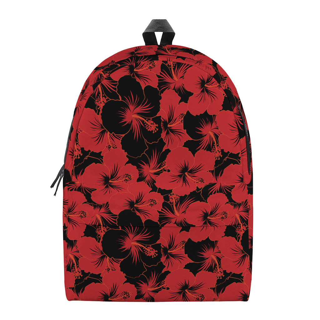 Black And Red Hibiscus Pattern Print Backpack