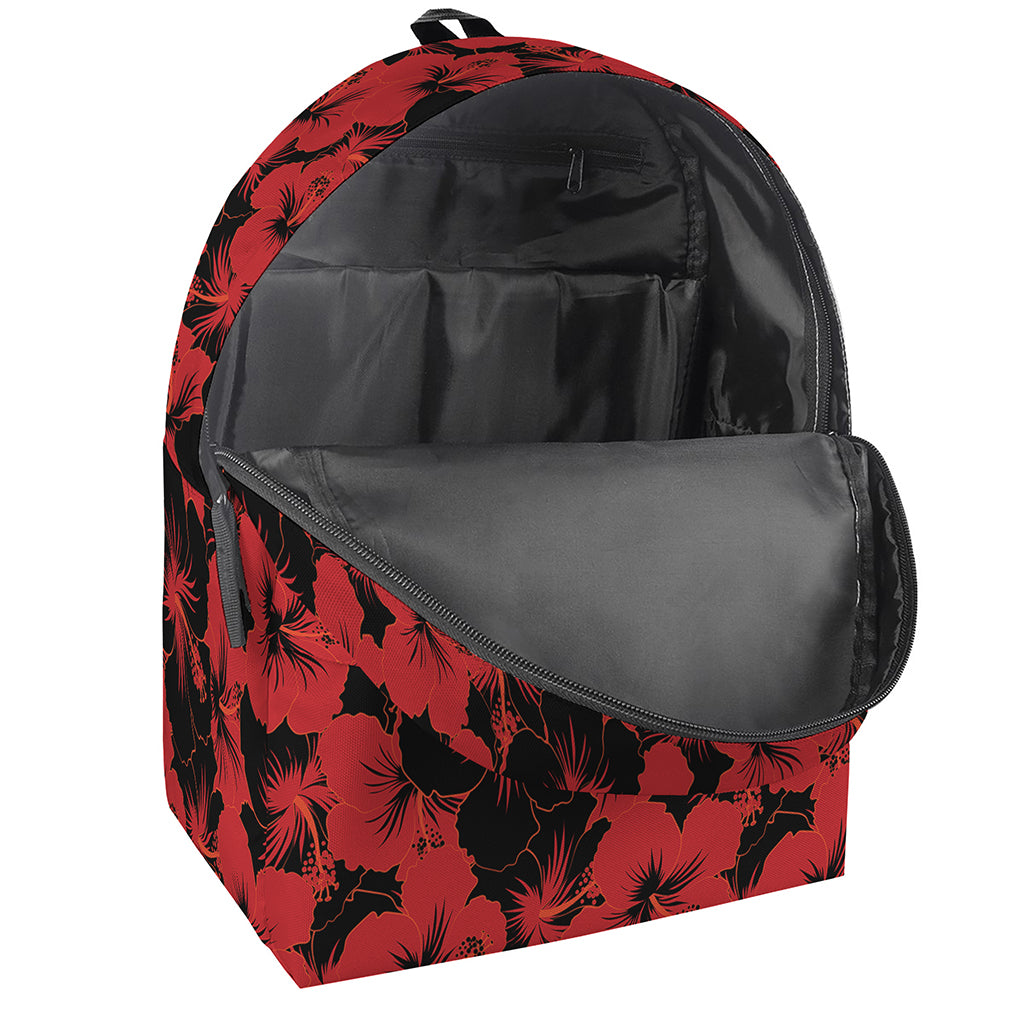 Black And Red Hibiscus Pattern Print Backpack