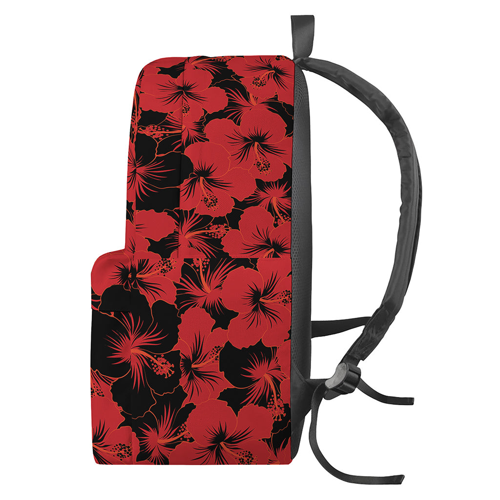 Black And Red Hibiscus Pattern Print Backpack