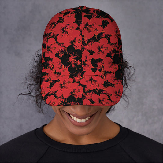 Black And Red Hibiscus Pattern Print Baseball Cap