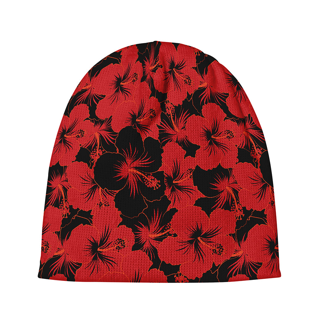 Black And Red Hibiscus Pattern Print Beanie